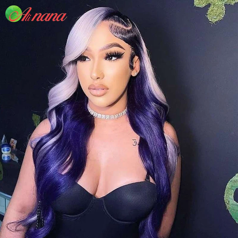 Ombre Purple 5x5 Lace Closure Wigs Body Wave Human Hair Wigs Transparent Pre-Plucked Lace Frontal Wigs For Black Women 30 Inches