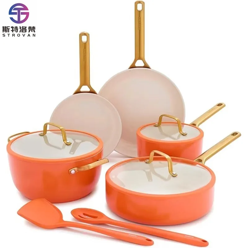 

10 Piece Orange Nonstick Enamel Ceramic Cookware Set Unique Heavy Duty Camping Cooking Set with Lids