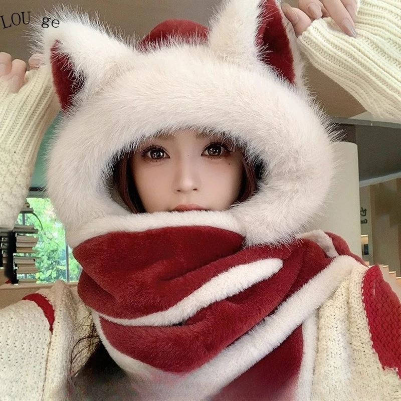 شتاء دافئ آذان الثعلب الأحمر أفخم قبعة وشاح قفازات الخريف والشتاء ركوب الدراجات قبعة الأذن التزلج #2