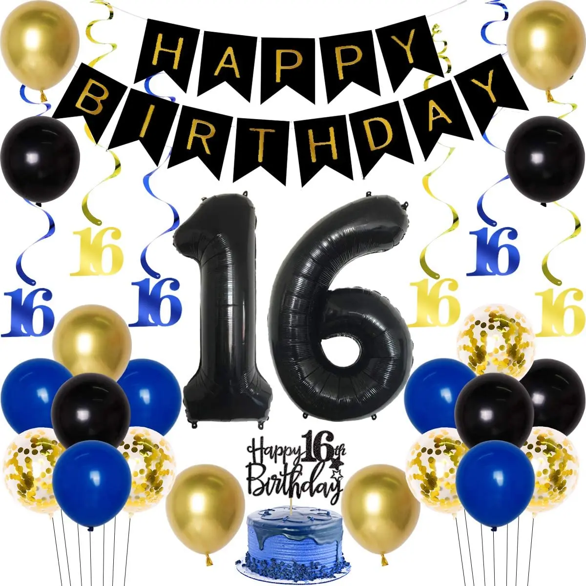 16th Birthday Decoration for Boy Happy Birthday Banner Number 16 Balloon Hanging Swirls for Guys Sixteen Birthday Party Supplies