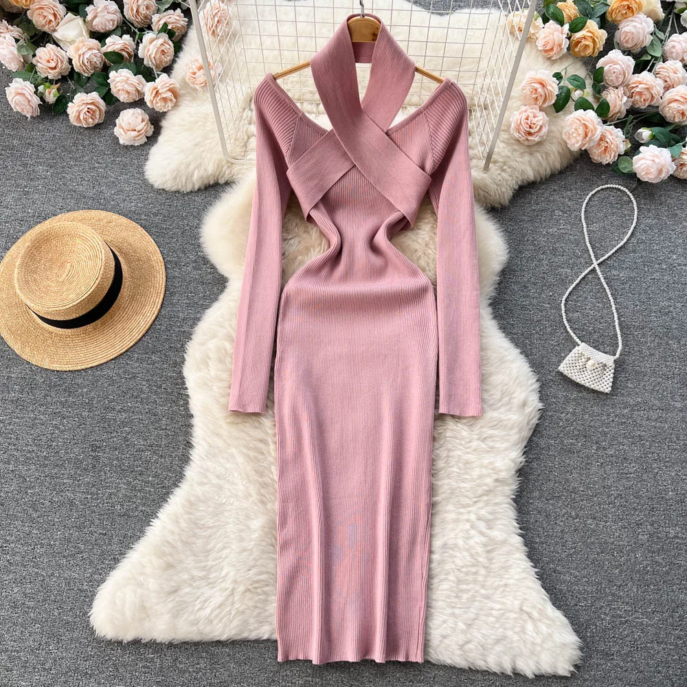 Chic Sexy Criss-cross Halter Elegant Pencil Dress Fashion Slim Knit Long Sleeve Birthday Party Vestidos Women Autumn Winter Robe