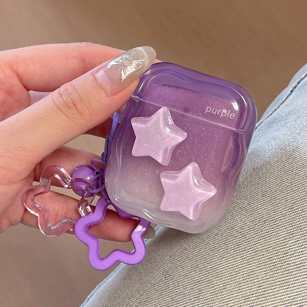 INS Gradient Glitter 3D Star Purple Wavy Etui na słuchawki do słuchawek Apple AirPods 1 Pro 2 3 Bluetooth z zawieszką w kształcie gwiazdek