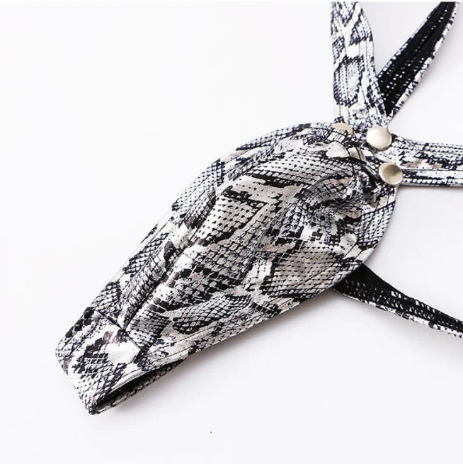 Men's Sexy Snake Print Faux Leather G-String Thong Gays Erotic Low-Rise Open-Pouch Intimate Underwear for Men Hollow Out Knicker