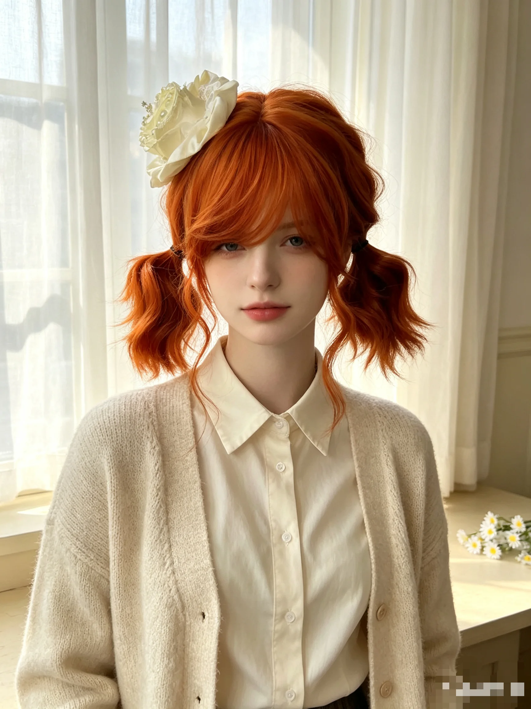 Copper Orange Synthetic Short Wavy Bob Wig Twin Pigtails Air Bangs Cosplay Anime Cute Halloween Party Costume Role Play