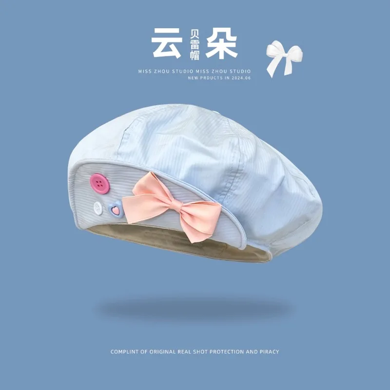 Ins Sweet Bow Oversized Cloud Berets Cap Summer Travel Versatile Dopamine Pink Show Face Small Retro Octagonal Hats Women