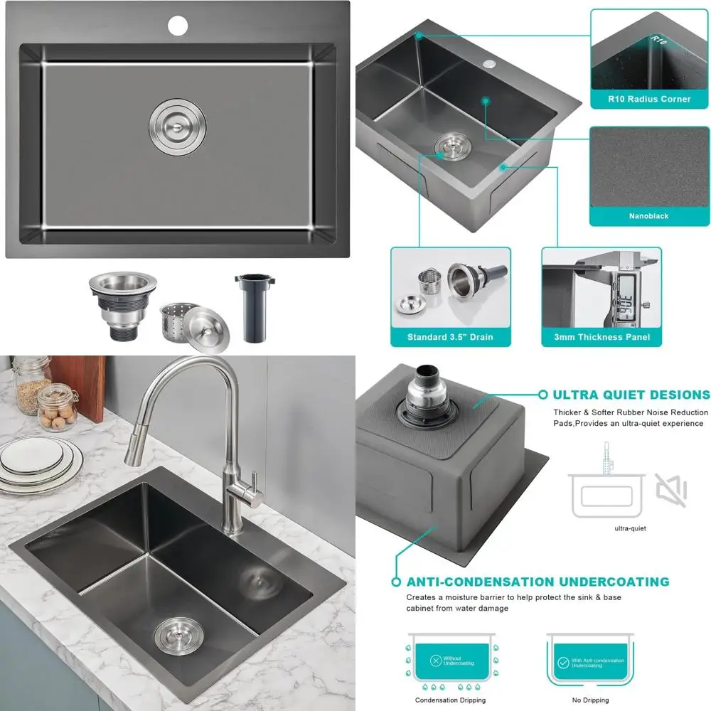

Stainless Steel Single Bowl Topmount Kitchen Sink, 22 x 18 Inches, Black Finish, Drop-in Design with Single Hole Faucet Setup