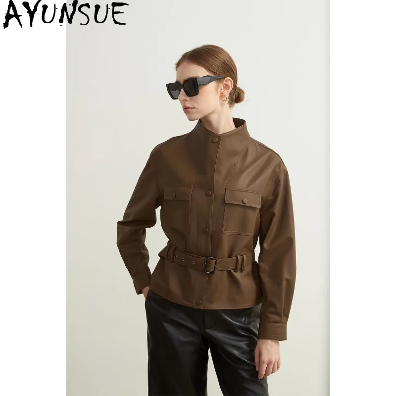 AYUNSUE Real Leather Jacket Woman Fashion Stand Collar Sheepskin Jackets with Belt Solid Luxury Outerwears Woman Clothes 가죽자켓