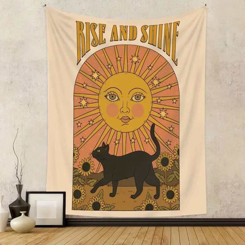 VIKAMA Black Cat Moon Stay Wild Wall Tapestry Beige Background Feline Crescent Star Cloud Quote Bohemian Mystical Decor Soft