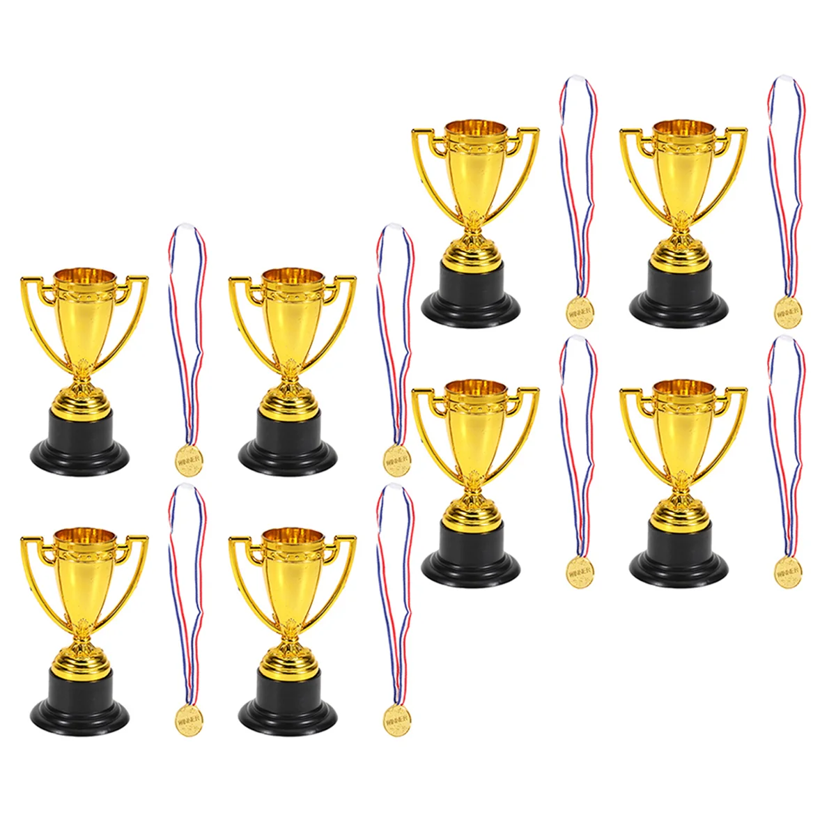 Mini premios de plástico de 16 piezas para niños, medallas pequeñas, premios de regalo para niños, trofeo dorado (8x trofeos + 8x medallas)