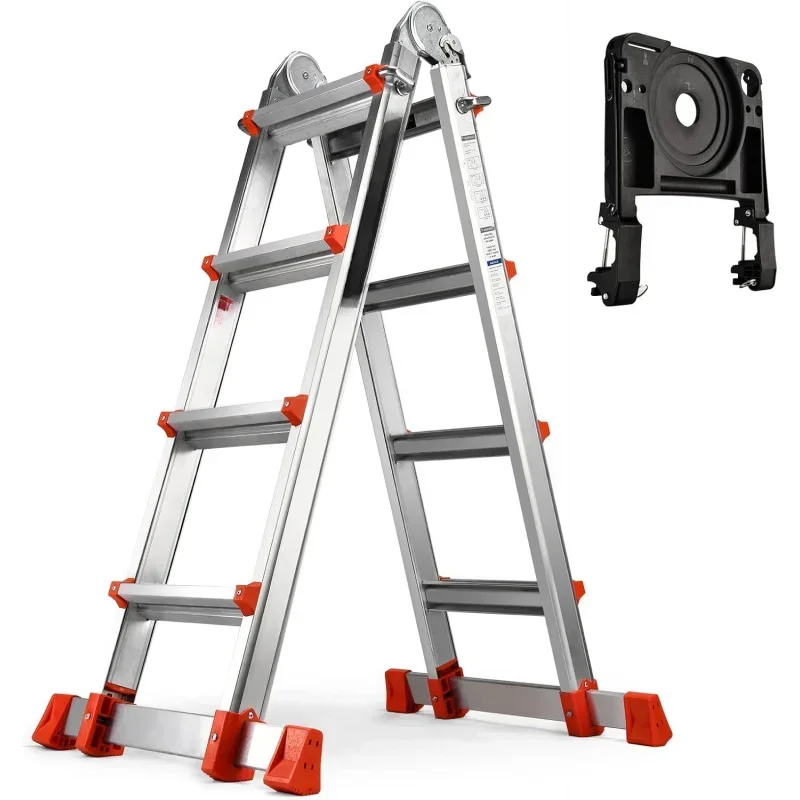 Ladder, A Frame 4 Step Extension Ladder, 14 Ft with Multi Position & Removable Tool Tray with Stabilizer Bar, 330 lbs