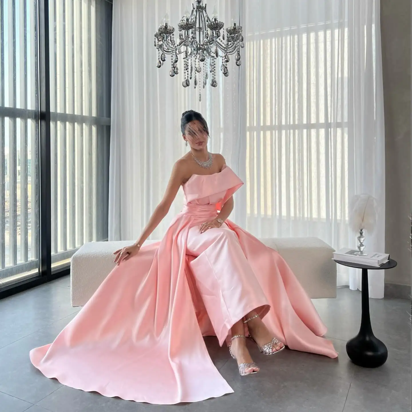 Aenyrst Saudi Elegant Pink Satin Prom Dress Women Off Shoulder Trailing Party Evening Dresses Ankle Length Formal Occasion Gowns