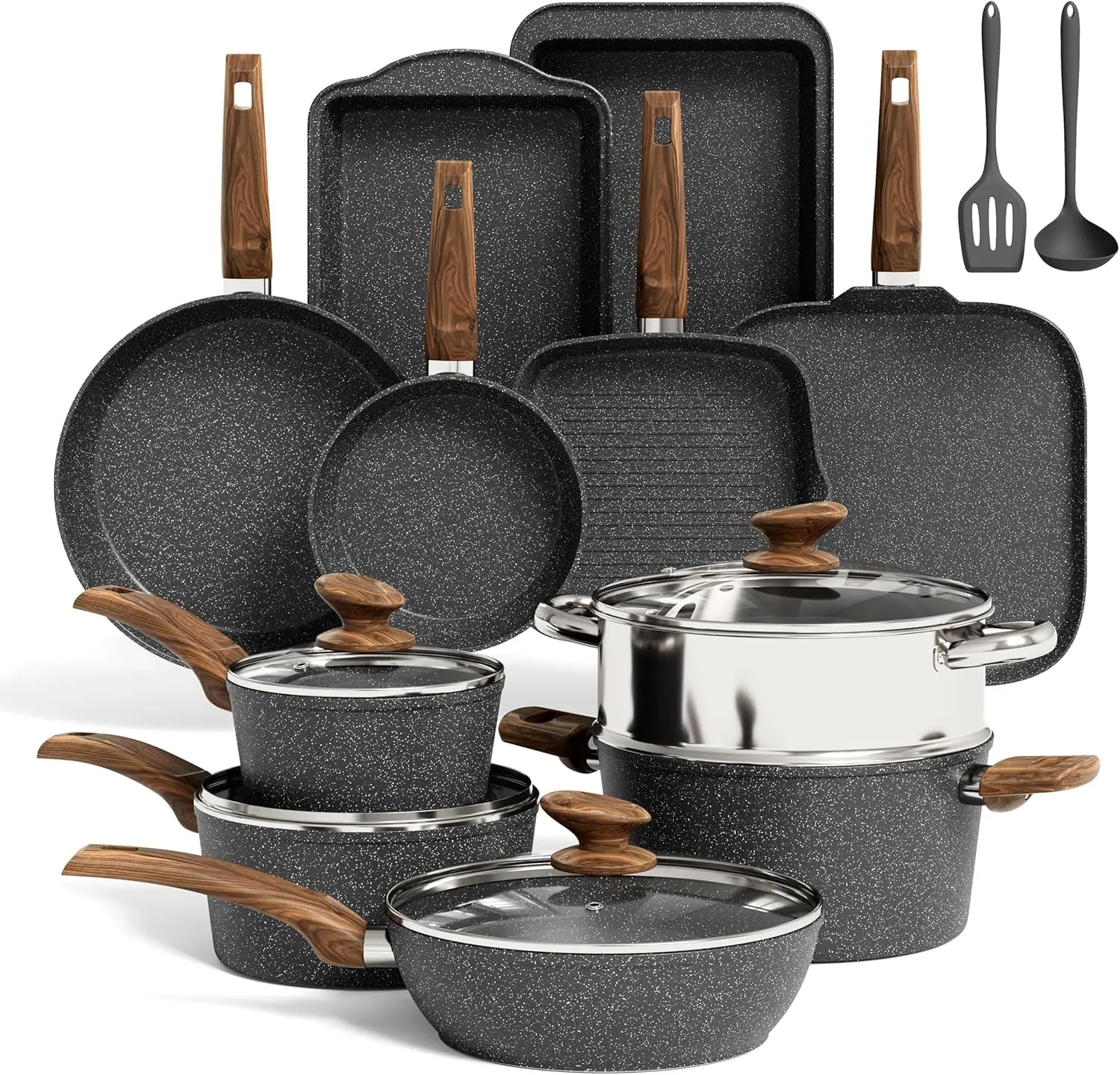 

17-Piece Induction Cookware Set, Non-Stick Granite Pots and Pans, Black Kitchen Cooking Set, PFOA & PFOS Free