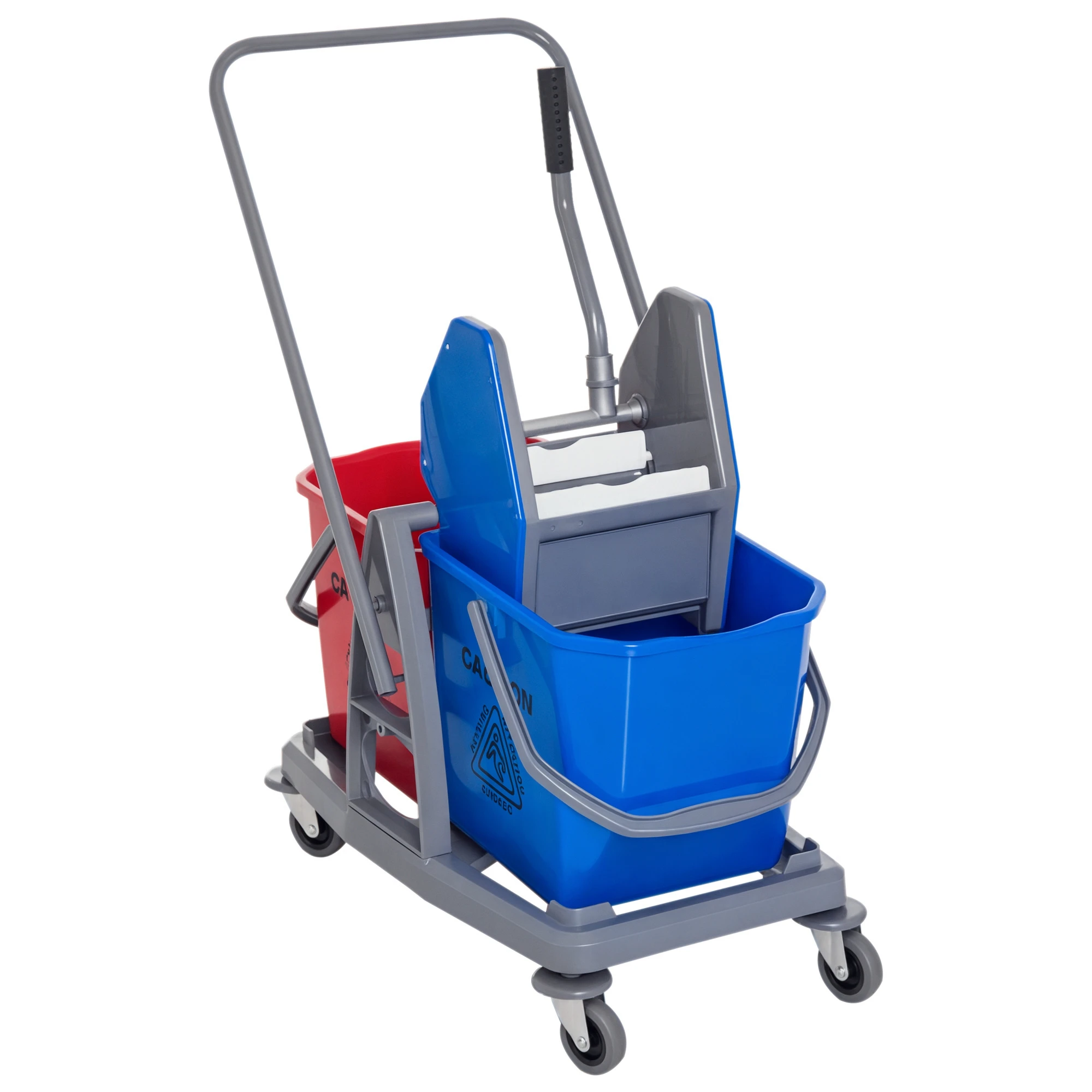 HOMCOM Carro de Limpieza Profesional Carro de Fregado de Metal con 2 Cubos de 25 Litros Extraíbles Escurridor Prensa Manual