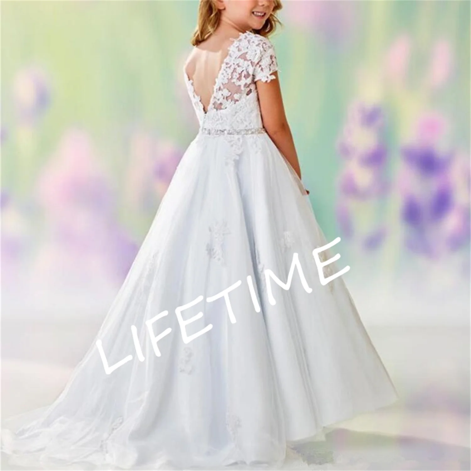 

White A-line Appliques Lace Cap Sleeve Flower Girl Dresses Beaded Waistline Fit Wedding Party First Communion Gown