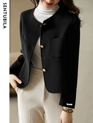 SENTUBILA 100% Wool Coat Woman 2024 Autumn Winter Elegant Single Breasted Round Neck Straight-cut Short Wool Jackets Outerwear