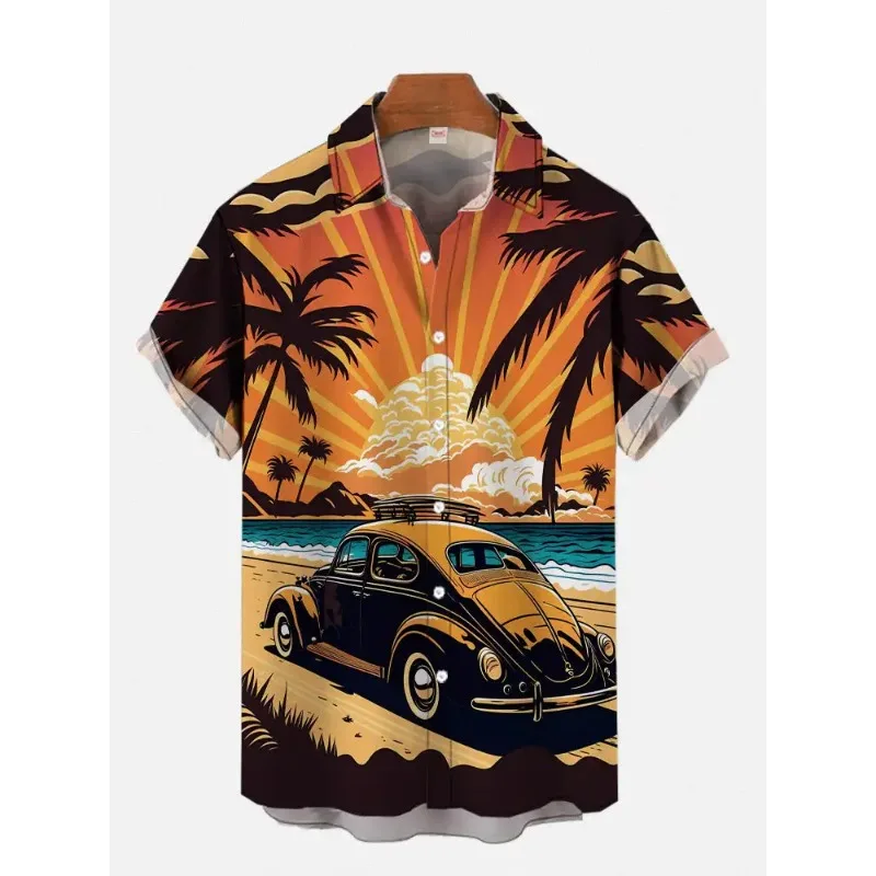 1970S-1980S Vintage Car Poster Hawaiian Beach Cowgirl Printing Short Sleeve Shirt Fashion Retro Hawaiian Shirt For Men Hrajuku