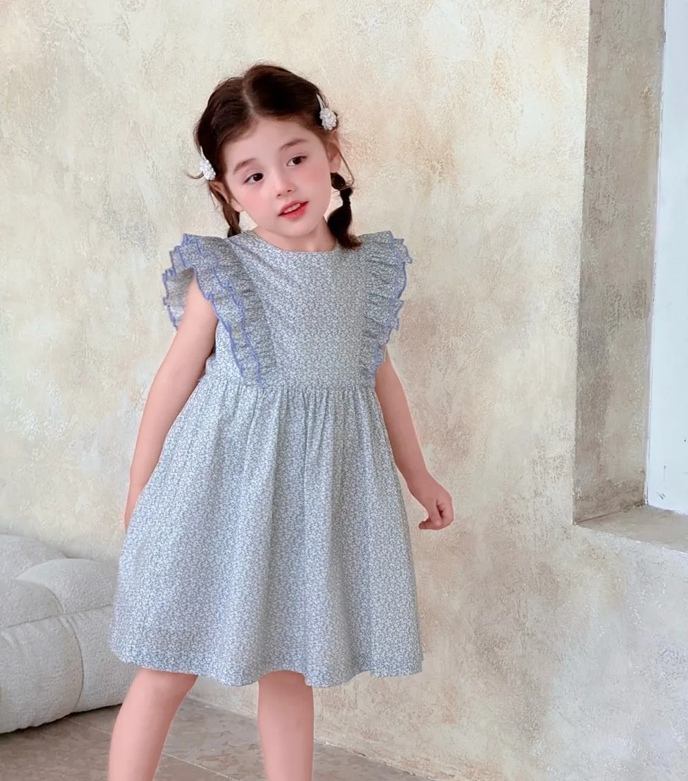 

summer girls dress kids girl clothes European and American style Girl's blue floral pattern pure cotton dress