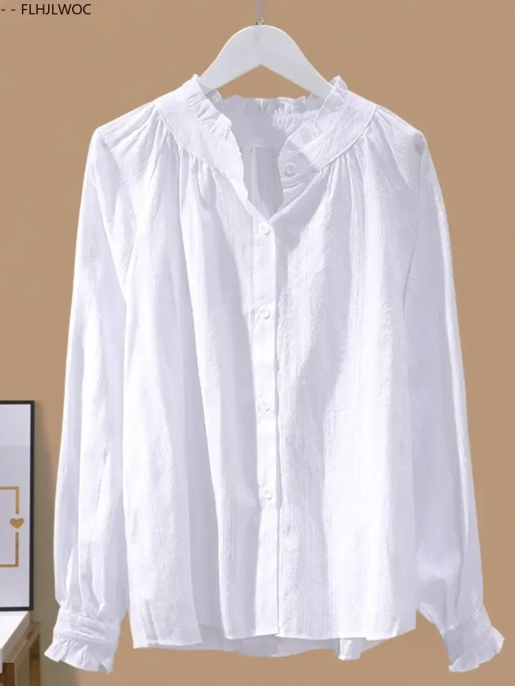 Chemises à boutons blancs, nouveau Design, mignon et doux pour filles et femmes, printemps été, longs volants, mélange de coton, hauts, 2025