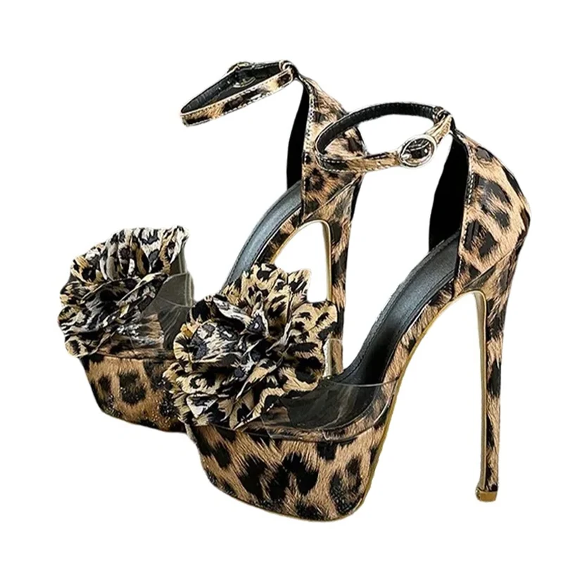 Liyke Fashion Leopard Print Big Flowers PVC Women Platform Sandals Sexy Open Toe 16CM Super High Heels Stripper Pole Dance Shoes - Image 6