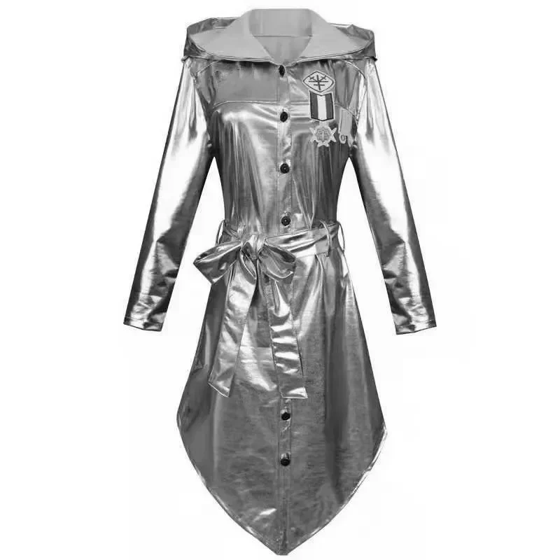 Hip Pop Mens Single Breated Bright Long Cloak Jacket Streetwear Fashion Badge Hooded Belt Sliver Oversized Trench Coats for Men