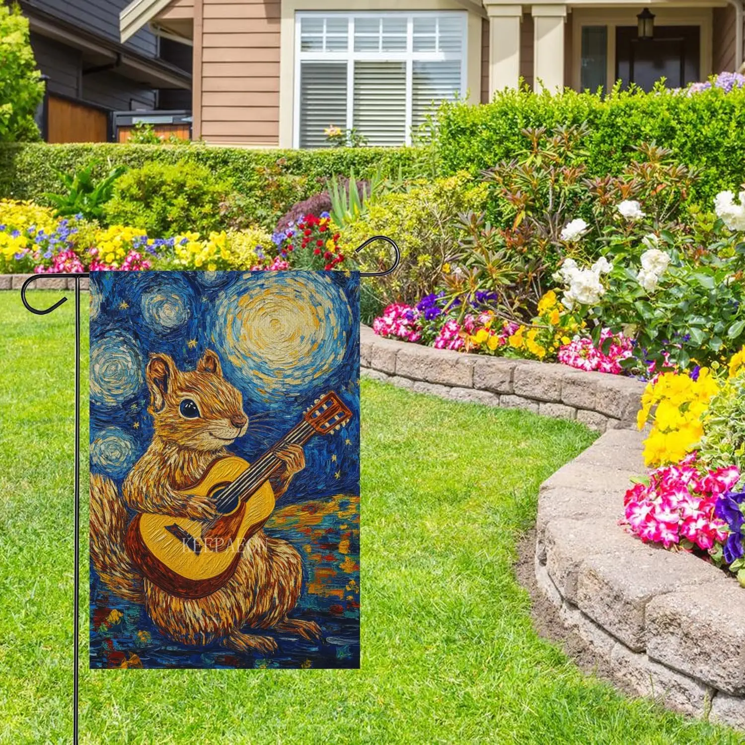 12x18 Inch Burlap Garden Flag - Oil Painting Style Guitar Playing Squirrel Yard Flag, for Outdoor Yard, Patio, and Garden De SSL