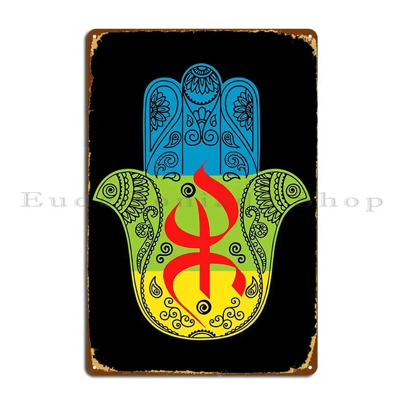 Amazigh Flag With Khamsa Patterns Symbol Of Freedom And Luck Metal Sign Wall Decor Customized Customize Tin Sign Poster