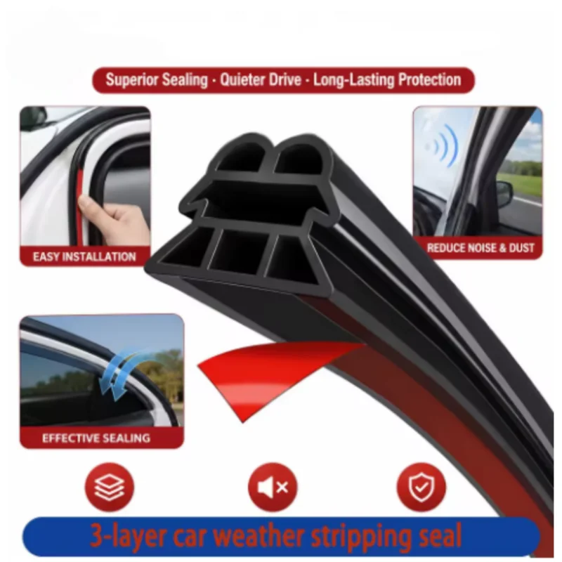 5M/10M/20M Car Door Rubber Seal Strip 3 Layer Sealing Strip Rubber Seal Protector Car Trunk Hood Sealant Sound Insulation Strip