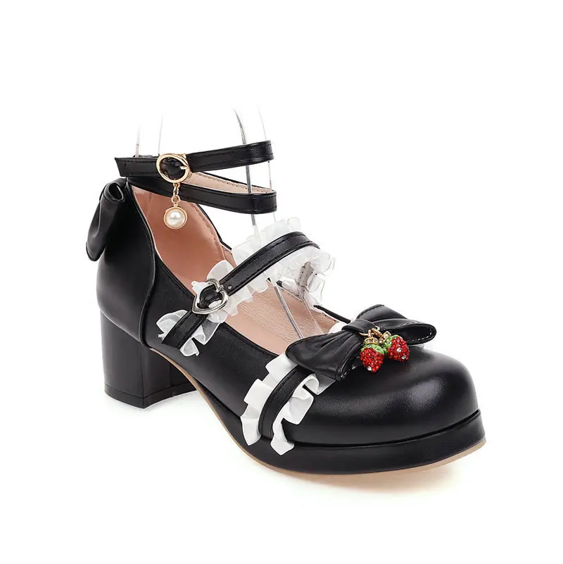 Girls High Heel Shoes Mary Janes Lolita Women Platform Pumps Shoes Sweet Bowknot Ruffles Wedding Party Princess Shoes Size 30-43