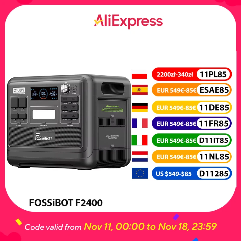 Centrale électrique portable FOSSiBOT F2400, batterie LiFePO4 2048 Wh/640000 mAh, générateur solaire 2400 W (pico 4600 W), 16 ports de sortie