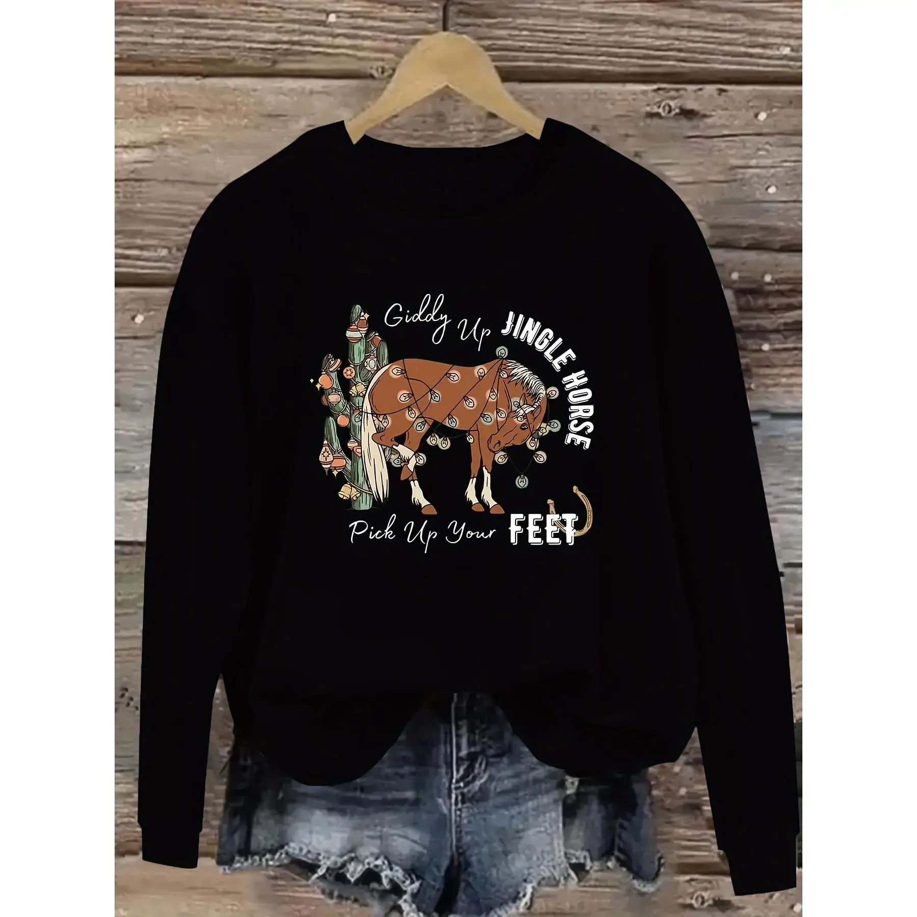 

Funny Jingle Horse Graphic Sweatshirt for Women, Christmas Horse Print Crewneck Pullover Top, Cozy Holiday Party Gift