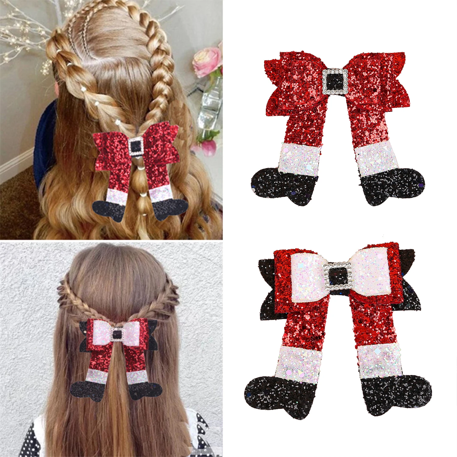 Cute Girls Christmas Hair Clips Elk Santa Claus Glitter Hair Bows Barrettes Clips Children Christmas Party Hair Accessories