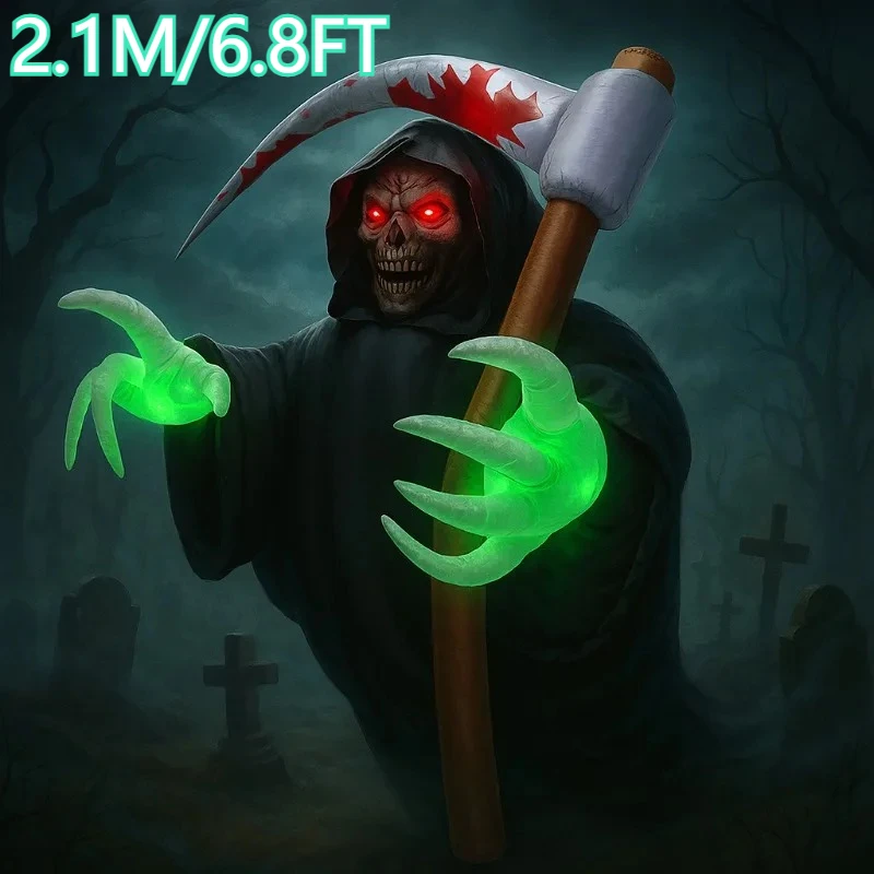 Juguetes inflables de Halloween de 6,8 pies, decoraciones Grim Reaper con LED integrados, explosión para fiestas, vacaciones, decoraciones de patio al aire libre