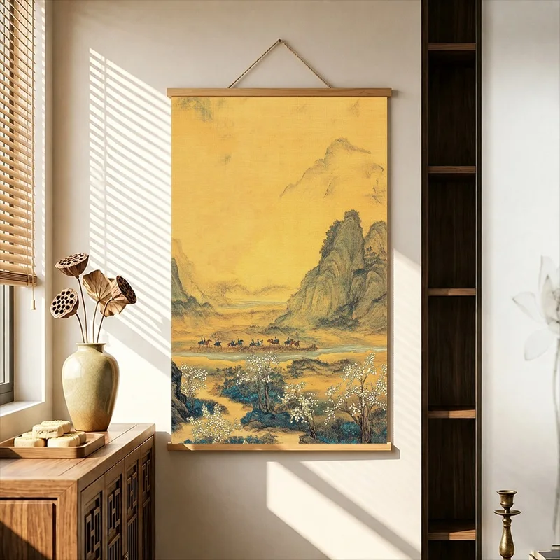 Wall Decor Ancient Mountain Scrolls and Village Journeys, Pearlescent Canvas Hanging Scroll for Calligraphy Studio Wall Decor