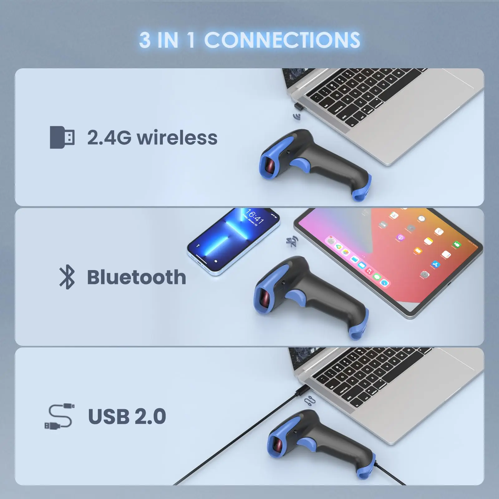 Imagem -02 - Eyoyo-handheld Barcode Scanner sem Fio 1d e 2d Bluetooth Dongle 2.4g Usb Leitor de Código de Barras qr com Fio Bateria 2500mah Ey034p Novo 2023