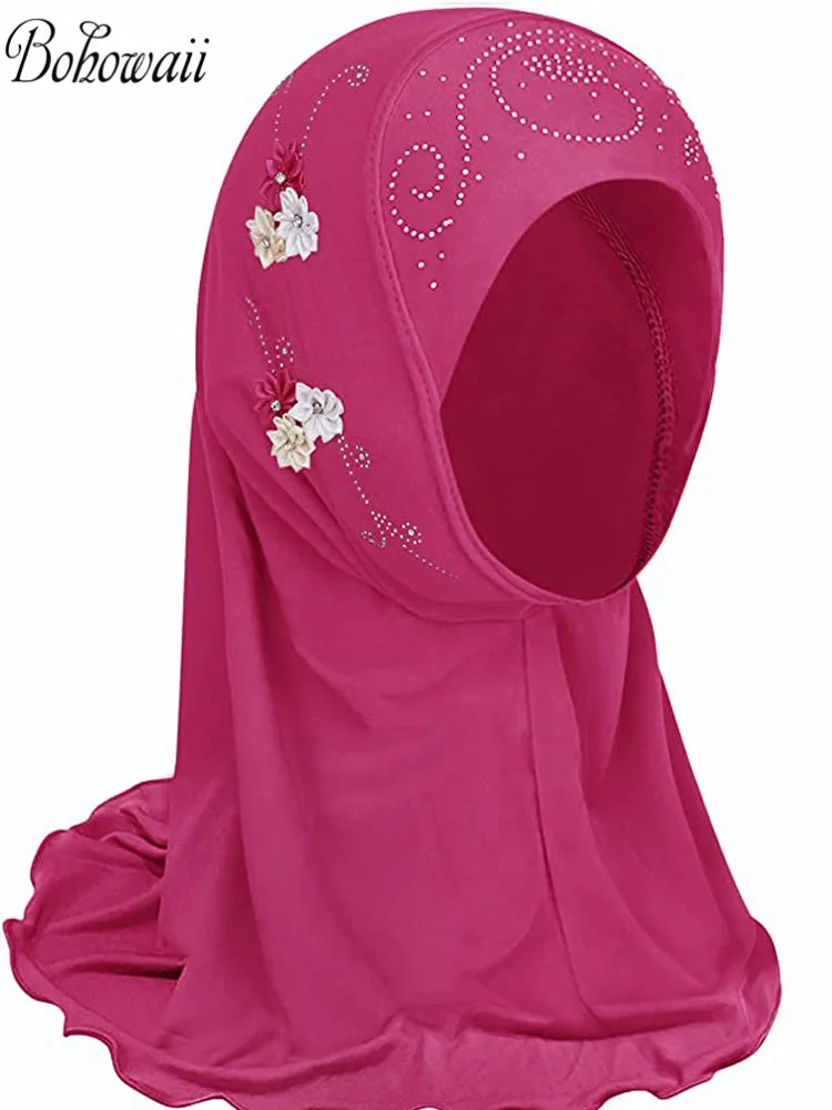 BOHOWAII Kids Girls Muslim Instant Hijab Ready To Wear Islamic Shawls Turban with Flowers Scarfs Jersey Head Wrap (2-7 Y)