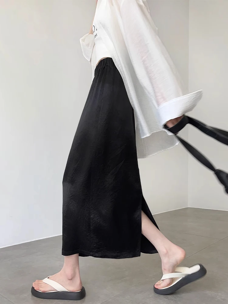 Black Textured Pleated Vintage Half Skirt Women's High Waist A-Line Midi Split Skirt Summer High Elastic Waist Straight Cut