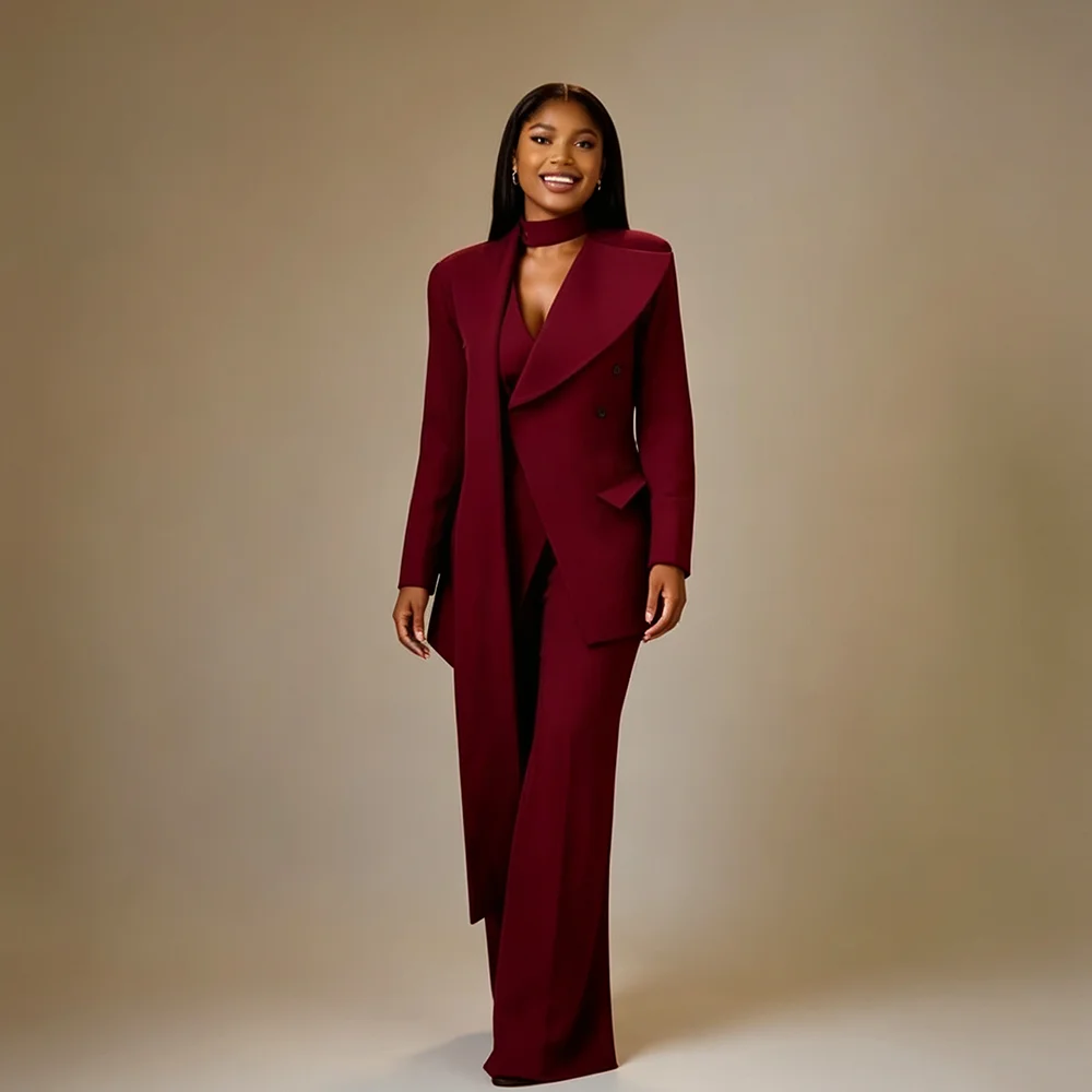 Red Two Piece Suit Professional Women's Double Breasted Classic Set Jacket+Pants Business Evening Party Outfit Customized