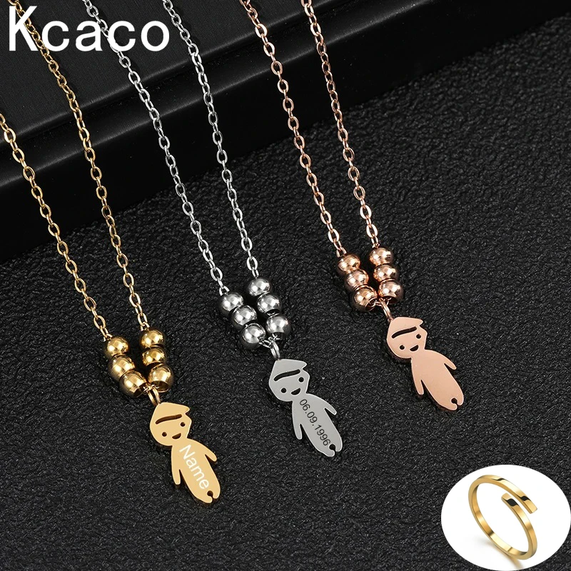 Gepersonaliseerde Jongen Meisje Hanger Ketting En Verstelbare Ring Set Roestvrij Staal Graveren Naam Datum Hanger Met Kralen Ketting Sieraden