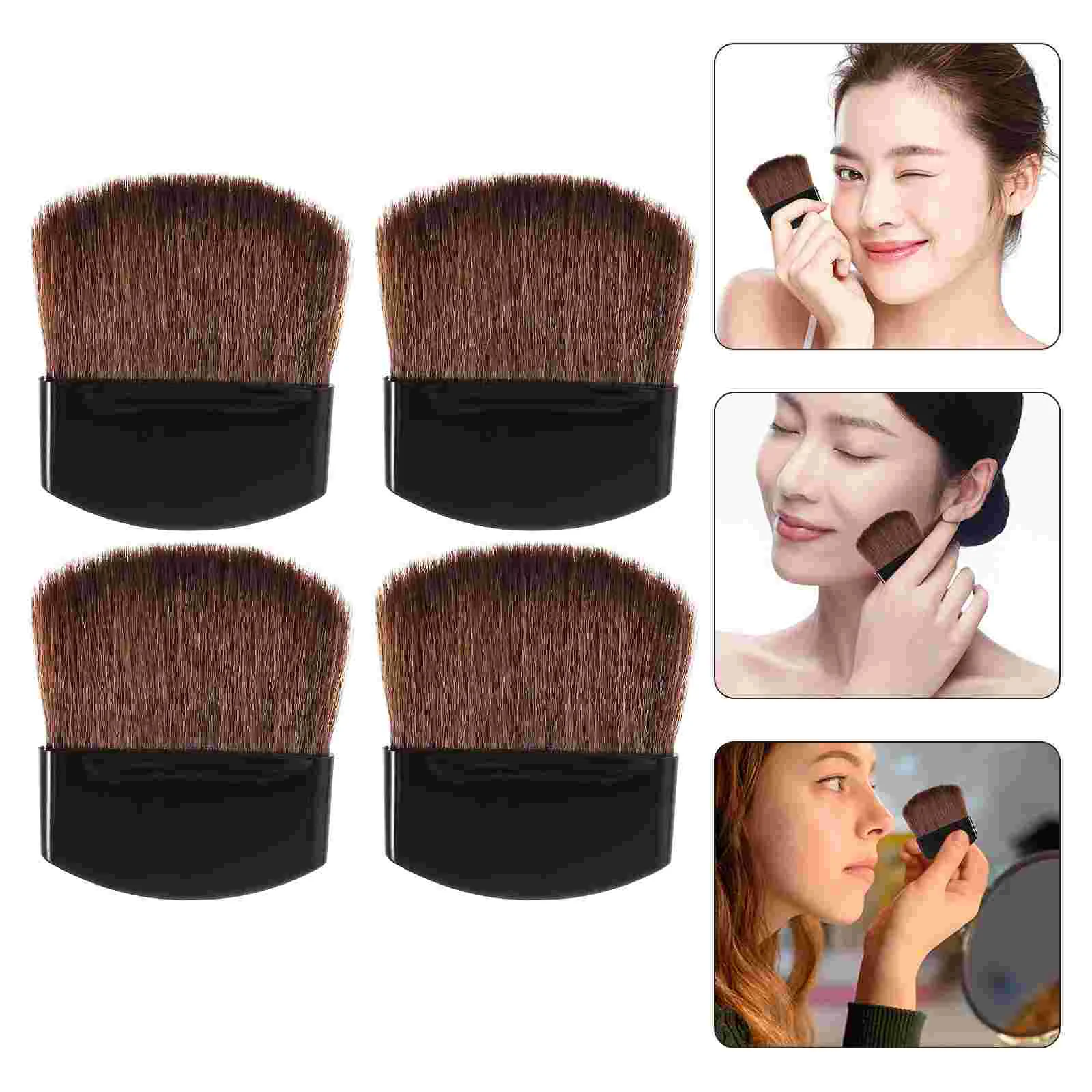 Semi-circular Square Flake Flat Powder Brush Blush Mini Makeup 4pcs (black Handle Brown Hair) Women Small Sunscreen