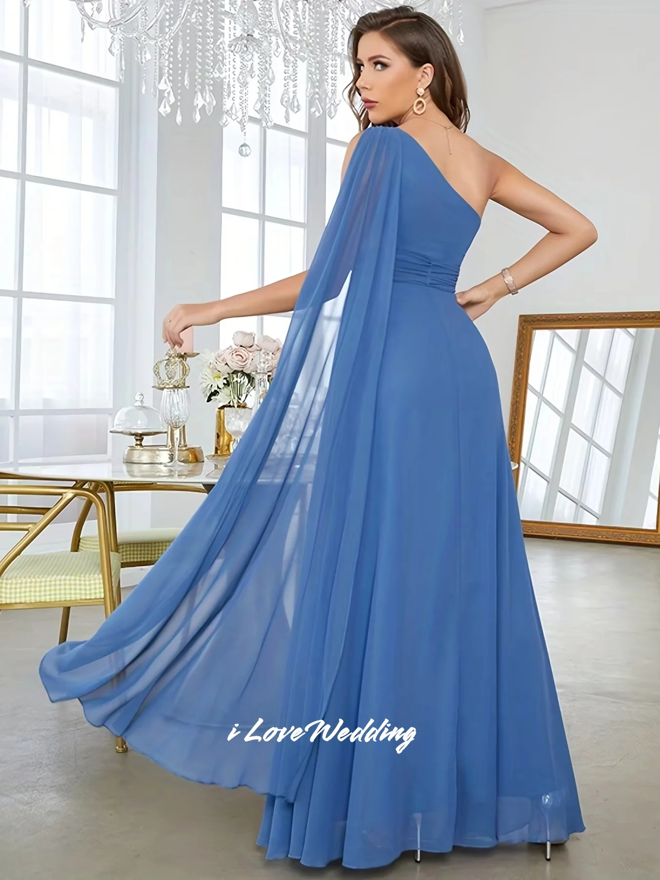 สีฟ้าหนึ่งไหล่ชุดเพื่อนเจ้าสาว 2025 ชีฟองแขนกุดBackless A-Lineความยาวชุดแต่งงานที่กําหนดเอง