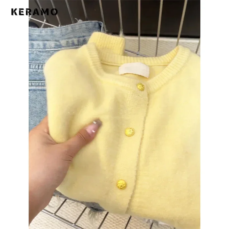 Women Luxury Sweet Knit Long Sleeve O-Neck Yellow Cardigans 2024 Winter Korean Fashion Casual Single Breasted Elegant Sweater