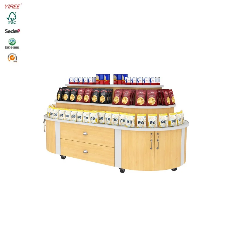 custom.Custom convenience snack food store fixtures wooden 3 tiers counter display supermarket shelf with wheel