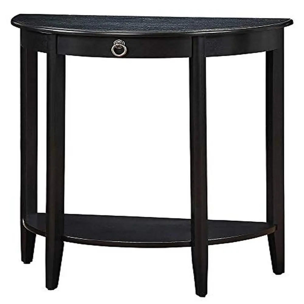 Half Moon Wooden Console Table with Drawer and Shelf Black Finish Semicircular Design Engineered Wood Frame 13