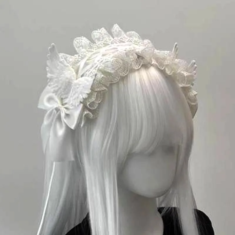 Gothic Lolita White Lace Headband with Angel Wings & Bow Elegant Ruffled Hair Band Hair Accessories for Women Cosplay & Party view 4