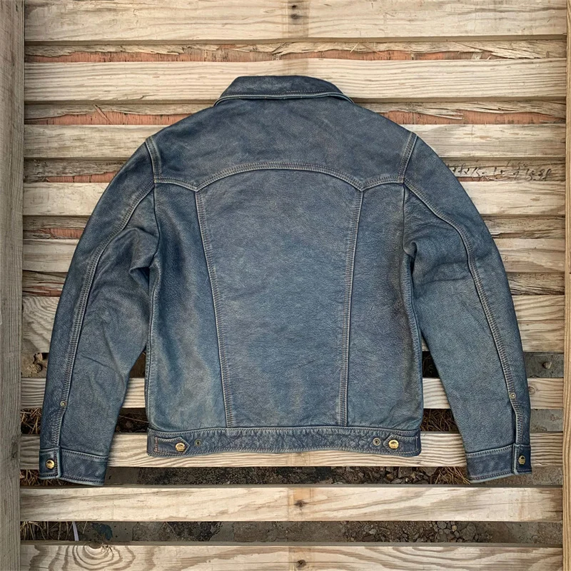 Blue Autumn Leather Jacket Men Vintage Style Plus Size 5XL Genuine Natural Cowhide Turn-Down Collar Single Breasted Denim Coat