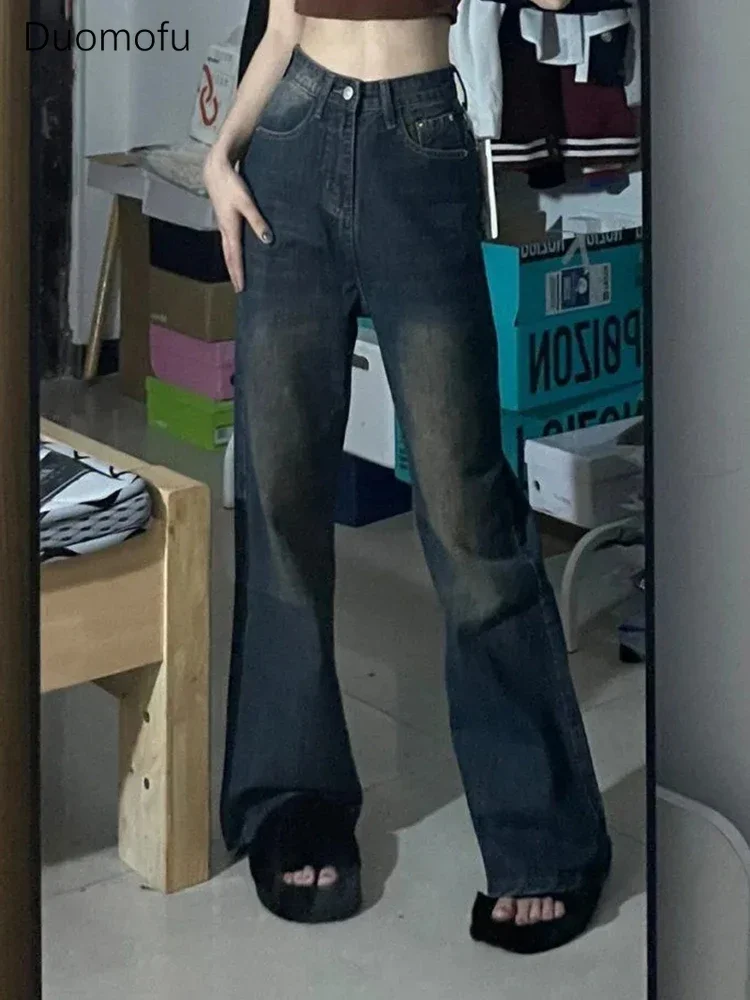 Duomofu Retro Blue Washed Distressed Loose Female Flare Jeans Summer New Vintage Basic High Waist Full Length Casual Women Jeans