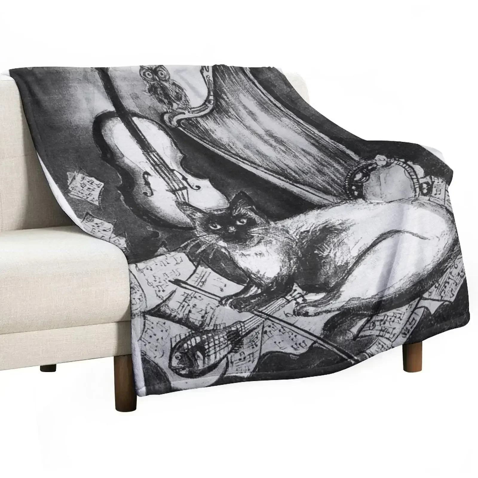 MUSICAL CAT AND OWL WITH MUSIC INSTRUMENTS Black and White Throw Blanket wednesday Shaggy Summer Soft Plush Plaid Blankets