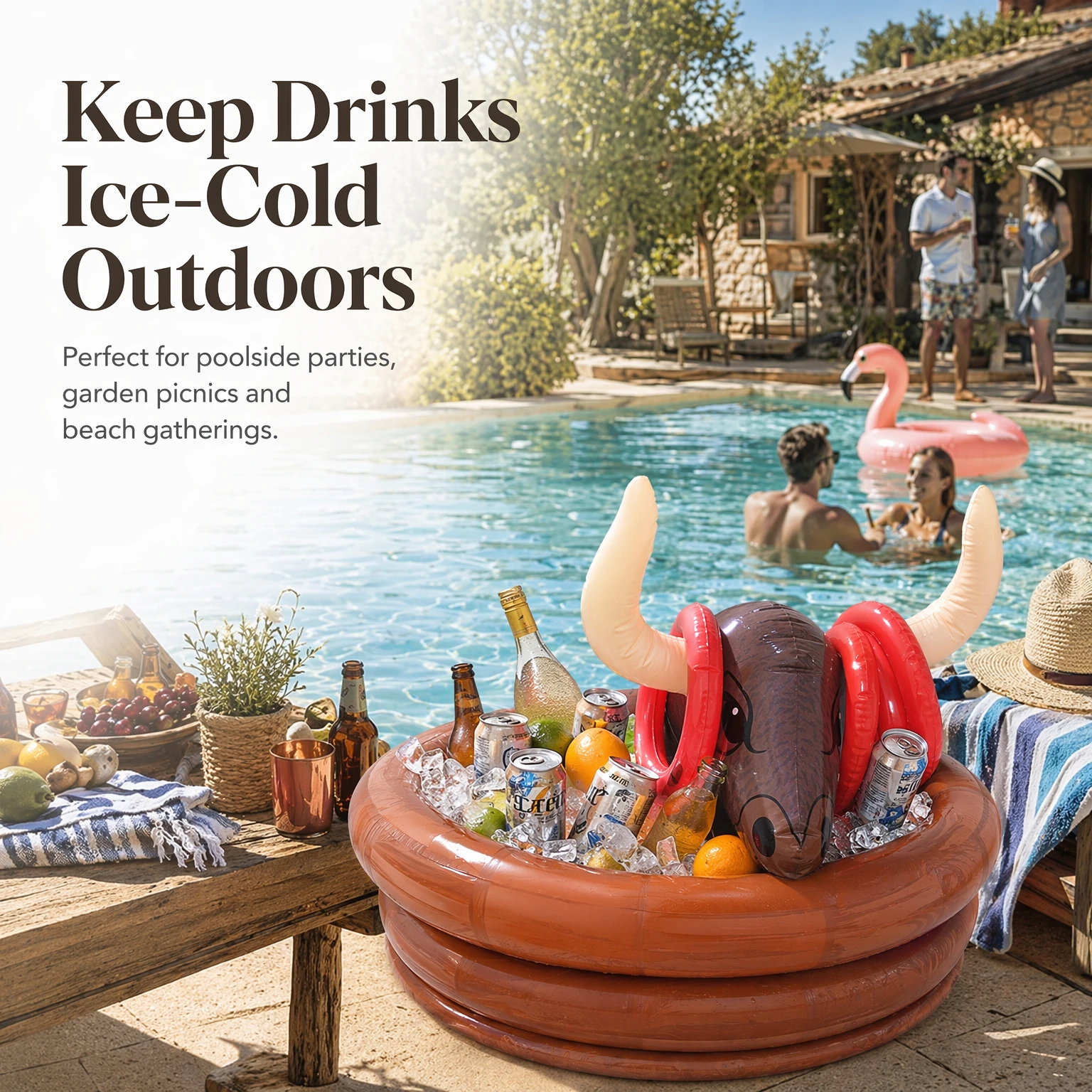 Portable Foldable Inflatable Bull Ice Bucket Cooler Floating Swimming Pool Ring Toss Throwing Game Summer Beach Backyard BBQ