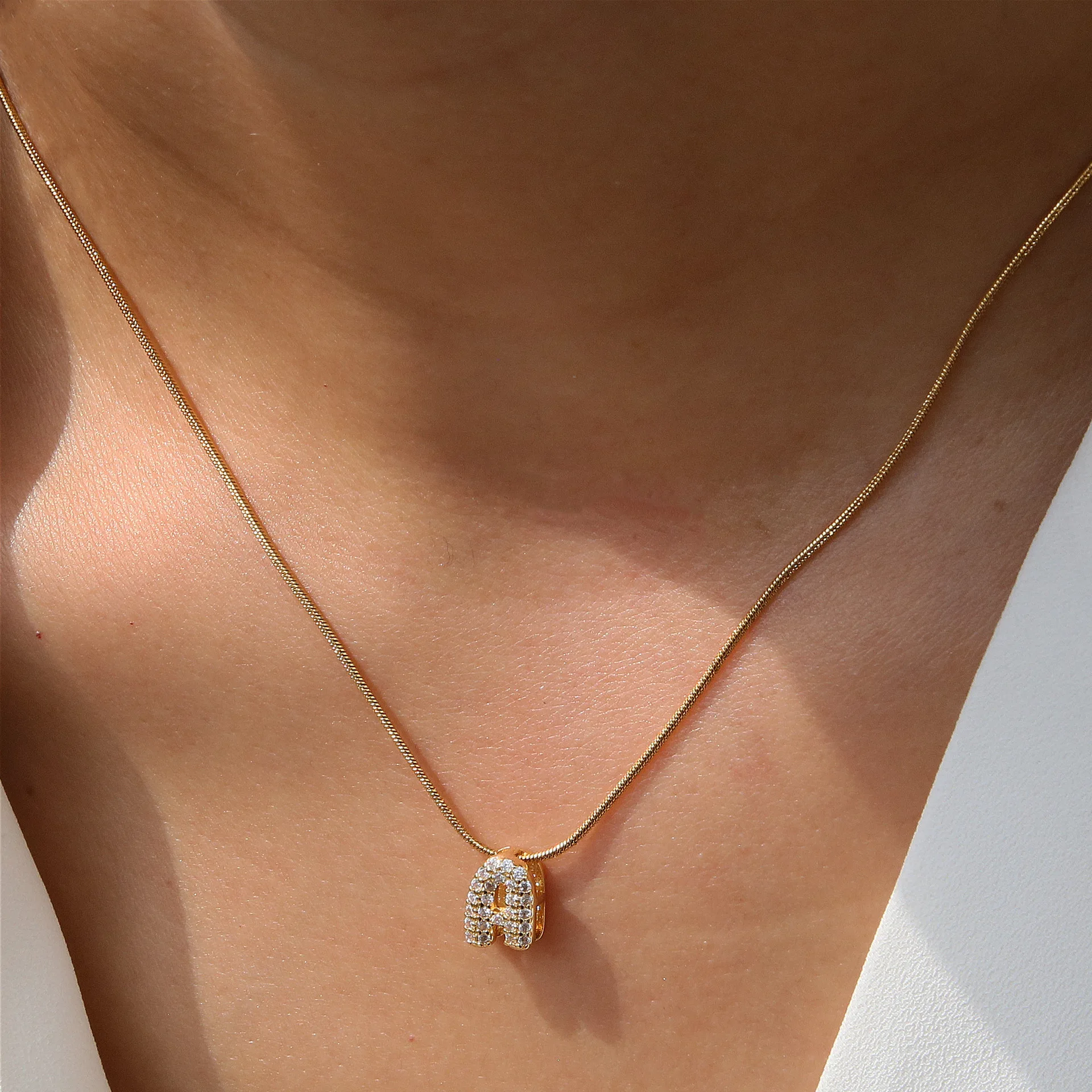 Simple Small Name Initial Letter Pendant Necklace for Women Gold Color Zircon Alphabet Round Snake Chain Neckalce Jewelry