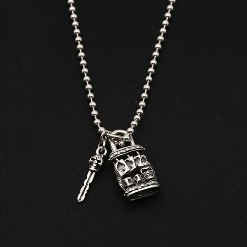 S925 Sterling Silver Gothic Punk Skull & Key Lock Couple Pendant Set - Handmade Antique Vintage